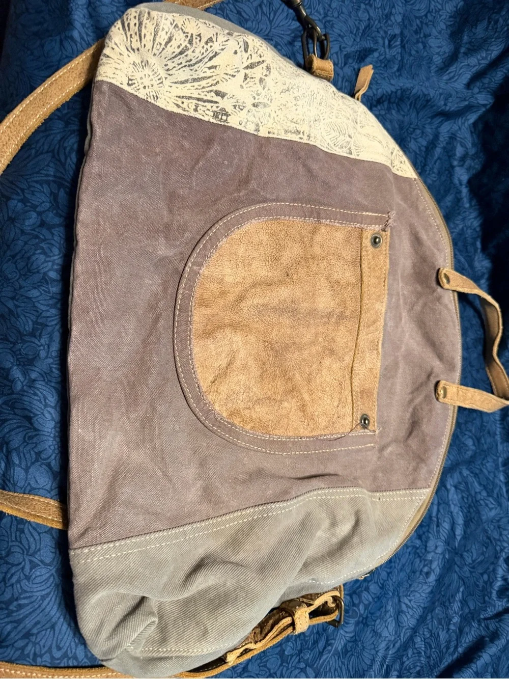 Myra Bag Taupe, Cream & Tan Canvas Suede Duffel Shoulder Bag
